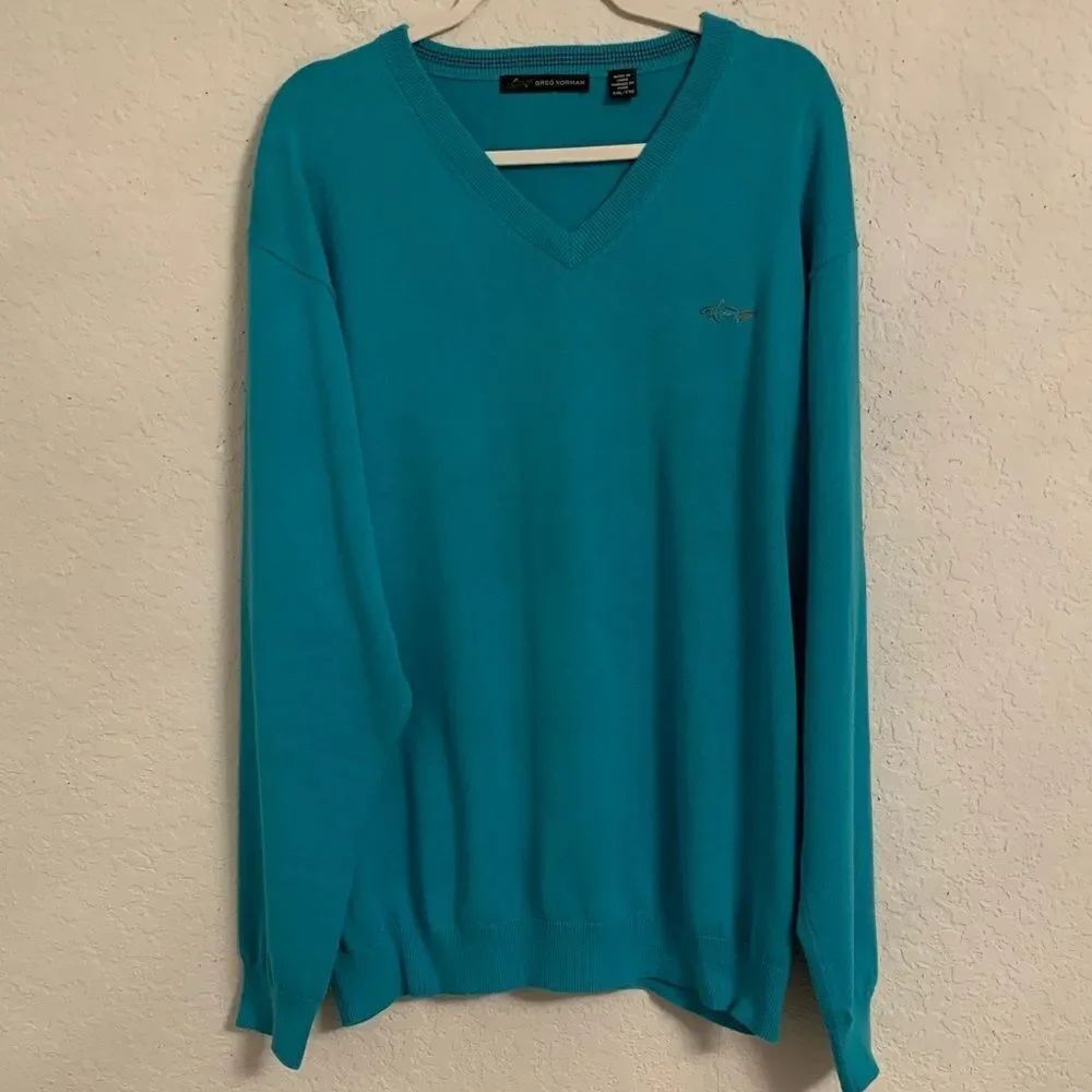 Greg Norman Cotton Turquoise V-Neck Logo Sweater Size XXL